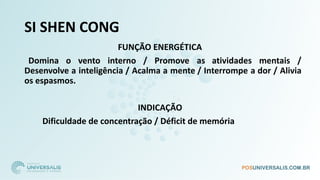 SI SHEN CONG
FUNÇÃO ENERGÉTICA
Domina o vento interno / Promove as atividades mentais /
Desenvolve a inteligência / Acalma a mente / Interrompe a dor / Alivia
os espasmos.
INDICAÇÃO
Dificuldade de concentração / Déficit de memória
 