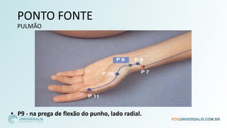 PONTO FONTE
PULMÃO
• P9 - na prega de flexão do punho, lado radial.
 
