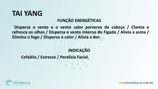 TAI YANG
FUNÇÃO ENERGÉTICAS
Dispersa o vento e o vento calor perverso da cabeça / Clareia e
refresca os olhos / Dispersa o vento interno do Fígado / Alivia a asma /
Elimina o fogo / Dispersa o calor / Alivia a dor.
INDICAÇÃO
Cefaléia / Estresse / Paralisia Facial.
 