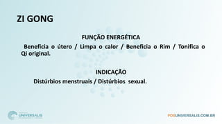 ZI GONG
FUNÇÃO ENERGÉTICA
Beneficia o útero / Limpa o calor / Beneficia o Rim / Tonifica o
Qi original.
INDICAÇÃO
Distúrbios menstruais / Distúrbios sexual.
 