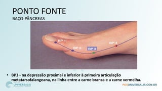 PONTO FONTE
BAÇO-PÂNCREAS
• BP3 - na depressão proximal e inferior à primeira articulação
metatarsofalangeana, na linha entre a carne branca e a carne vermelha.
 