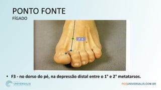 PONTO FONTE
FÍGADO
• F3 - no dorso do pé, na depressão distal entre o 1° e 2° metatarsos.
 