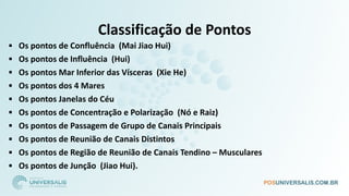Classificação de Pontos
▪ Os pontos de Confluência (Mai Jiao Hui)
▪ Os pontos de Influência (Hui)
▪ Os pontos Mar Inferior das Vísceras (Xie He)
▪ Os pontos dos 4 Mares
▪ Os pontos Janelas do Céu
▪ Os pontos de Concentração e Polarização (Nó e Raiz)
▪ Os pontos de Passagem de Grupo de Canais Principais
▪ Os pontos de Reunião de Canais Distintos
▪ Os pontos de Região de Reunião de Canais Tendino – Musculares
▪ Os pontos de Junção (Jiao Hui).
 