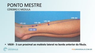 PONTO MESTRE
CÉREBRO E MEDULA
• VB39 - 3 cun proximal ao maléolo lateral no bordo anterior da fíbula.
 