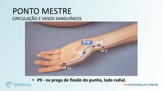 PONTO MESTRE
CIRCULAÇÃO E VASOS SANGUÍNEOS
• P9 - na prega de flexão do punho, lado radial.
 