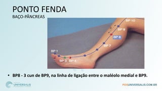 PONTO FENDA
BAÇO-PÂNCREAS
• BP8 - 3 cun de BP9, na linha de ligação entre o maléolo medial e BP9.
 