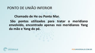 PONTO DE UNIÃO INFERIOR
Chamado de He ou Ponto Mar.
São pontos utilizados para tratar o meridiano
envolvido, encontrado apenas nos meridianos Yang
da mão e Yang do pé.
 