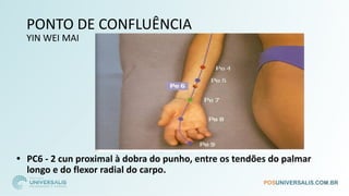 PONTO DE CONFLUÊNCIA
YIN WEI MAI
• PC6 - 2 cun proximal à dobra do punho, entre os tendões do palmar
longo e do flexor radial do carpo.
 