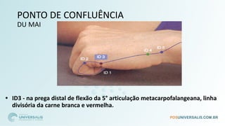 PONTO DE CONFLUÊNCIA
DU MAI
• ID3 - na prega distal de flexão da 5° articulação metacarpofalangeana, linha
divisória da carne branca e vermelha.
 