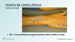 PONTO DE CONFLUÊNCIA
YANG WEI MAI
• TA5 - 2 cun proximal à prega do punho, entre o rádio e a ulna.
 