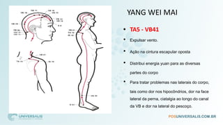 YANG WEI MAI
• TA5 - VB41
• Expulsar vento.
• Ação na cintura escapular oposta
• Distribui energia yuan para as diversas
partes do corpo
• Para tratar problemas nas laterais do corpo,
tais como dor nos hipocôndrios, dor na face
lateral da perna, ciatalgia ao longo do canal
da VB e dor na lateral do pescoço.
 