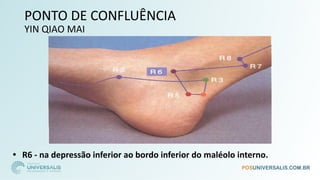 PONTO DE CONFLUÊNCIA
YIN QIAO MAI
• R6 - na depressão inferior ao bordo inferior do maléolo interno.
 