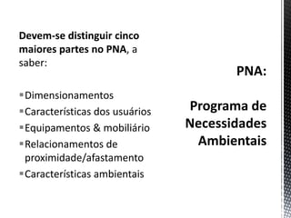 PNA:Programa de Necessidades AmbientaisDevem-se distinguir cinco maiores partes no PNA, a saber:DimensionamentosCaracterísticas dos usuáriosEquipamentos & mobiliárioRelacionamentos de proximidade/afastamentoCaracterísticas ambientais