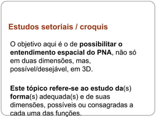 Estudos setoriais / croquis

O objetivo aqui é o de possibilitar o
entendimento espacial do PNA, não só
em duas dimensões, mas,
possível/desejável, em 3D.

Este tópico refere-se ao estudo da(s)
forma(s) adequada(s) e de suas
dimensões, possíveis ou consagradas a
cada uma das funções.
 