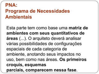 PNA:
Programa de Necessidades
Ambientais

Esta parte tem como base uma matriz de
ambientes com seus quantitativos de
áreas (...). O arquiteto deverá analisar
várias possibilidades de configurações
espaciais de cada categoria de
ambiente, anotando seus impactos no
uso, bem como nas áreas. Os primeiros
croquis, esquemas
parciais, comparecem nessa fase.
 