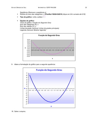 ESTUDO DIRIGIDO DE CALC                      INFORMÁTICA / CEFET-RN 2006                                      20


             Seqüência (Remover a seqüência x)
        §    Rótulos do eixo das categorias x: =Planilha 1!$A$4:$A$18 (clique em A4 e arraste até A18)
        §    Tipo de gráfico: Linha, subtipo

        §    Opções de gráfico:
             Título do gráfico: Função do Segundo Grau
             Eixo das categorias (X): x
             Eixo dos valores (Y): y
             Linhas de grade (remover Linhas de grades principais)
             Legenda (remover Mostrar legenda)


                                             Função do Segundo Grau

                           8,00
                           6,00
                           4,00
                           2,00
                    y




                           0,00
                          -2,00 -5,0 -4,5 -4,0 -3,5 -3,0 -2,5 -2,0 -1,5 -1,0 -0,5 0,0 0,5 1,0 1,5 2,0
                          -4,00
                          -6,00
                          -8,00
                                                                     x



9.   Altere a formatação do gráfico para a seguinte aparência:


                                          Função do Segundo Grau
                          7
                          6
                          5
                          4
                          3
                          2
                          1
                   y




                        0
                              -5,0 -4,5 -4,0 -3,5 -3,0 -2,5 -2,0 -1,5 -1,0 -0,5 0,0   0,5   1,0   1,5   2,0
                       -1
                       -2
                       -3
                       -4
                       -5
                       -6
                       -7
                                                                 x

16. Salve o arquivo.
 