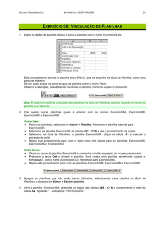 ESTUDO DIRIGIDO DE CALC               INFORMÁTICA / CEFET-RN 2006                                   24




                     EXERCÍCIO 08: VINCULAÇÃO DE PLANILHAS
1.   Digite os dados da planilha abaixo e salve a planilha com o nome Exercicio08.xls.




     Este procedimento salvará a planilha ativa (Plan1), que se encontra na Guia de Planilha, como uma
     pasta de trabalho.
     Dê um duplo clique na barra de guia de planilha sobre o nome Plan1.
     Observe a alteração, possibilitando renomear a planilha. Renomei-a para Exercicio08.




     Dica: É possível modificar a posição das planilhas na Guia de Planilhas apenas clicando no nome da
     planilha e arrastando.

2.   Crie quatro outras planilhas iguais à anterior com os nomes Exercicio08A, Exercicio08B,
     Exercicio08C e Exercicio08D.

     Como fazer:
     ♦ Para criar planilhas, selecione no Inserir > Planilha. Renomeie e planilha inserida para
        Exercicio08A.
     ♦ Selecione, na planilha Exercicio08, as células (A1 : C10) e use o procedimento de copiar.
     ♦ Selecione, na Guia de Planilhas, a planilha Exercicio08A, clique na célula A1 e execute o
        processo de colar.
     ♦ Repita este procedimento para criar e fazer mais três cópias para as planilhas Exercicio08B,
        Exercicio08C e Exercicio08D.

     Outra forma:
     ♦ Clique no nome da planilha Exercicio08 e mantenha o botão esquerdo do mouse pressionado.
     ♦ Pressione a tecla Ctrl e arraste a planilha. Será criada uma planilha semelhante (dados e
        formatação), com o nome Exercicio08 (2). Renomeie para Exercicio08A.
     ♦ Repita este procedimento para criar as planilhas Exercicio08B, Exercicio08C e Exercicio08D.




3.   Apague as planilhas que não estão sendo utilizadas, selecionando cada planilha na Guia de
     Planilhas e clicando em Editar > Excluir planilha.

4.   Ative a planilha Exercicio08A, preencha os dados das células (B5 : C11) e complemente o texto da
     célula A2 digitando “ – Disciplina: PORTUGUÊS”.
 