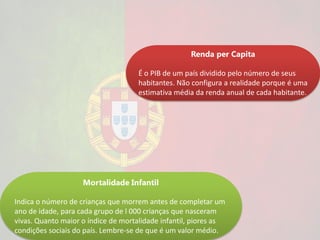 Renda per Capita

                                     É o PIB de um país dividido pelo número de seus
                                     habitantes. Não configura a realidade porque é uma
                                     estimativa média da renda anual de cada habitante.




                    Mortalidade Infantil

Indica o número de crianças que morrem antes de completar um
ano de idade, para cada grupo de l 000 crianças que nasceram
vivas. Quanto maior o índice de mortalidade infantil, piores as
condições sociais do país. Lembre-se de que é um valor médio.
 