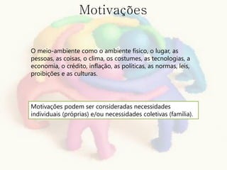 Motivações


O meio-ambiente como o ambiente físico, o lugar, as
pessoas, as coisas, o clima, os costumes, as tecnologias, a
economia, o crédito, inflação, as políticas, as normas, leis,
proibições e as culturas.




Motivações podem ser consideradas necessidades
individuais (próprias) e/ou necessidades coletivas (família).
 