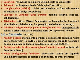  Eucaristia: renovação da vida em Cristo. Escola de vida cristã; 
 Adoração: prolongamento da Celebração Eucarística; 
 Liturgia e vida (prática): o Cristo reconhecido na Eucaristia remete 
ao encontro e serviço aos pobres; 
 Valorizar o Domingo (Dies Domini): família, alegria, repouso, 
solidariedade; 
 Atividades: retiros, Missas, Celebração da Reconciliação, levando à 
alteridade e solidariedade, à superação do desânimo e cansaço; 
 Valorizar a religiosidade popular e devoção mariana: impregnadas da 
Palavra e orientadas para o Mistério Pascal  seguimento de Jesus; 
6.6 – Caridade (281-286) 
 Acolher a todos: moralmente perdidos e socialmente excluídos, “para 
que tenham vida” (Jo 10,10). O amor ao próximo, radicado no amor a 
Deus, é um dever de toda comunidade eclesial (cf.DCE,20;31); 
 Defesa da vida, desde a concepção até seu fim natural (atitudes do 
Bom Samaritano); 
 Novas configurações familiares: divorciados, casais em segunda 
união, homossexuais, solitários e deprimidos, doentes mentais; 
 