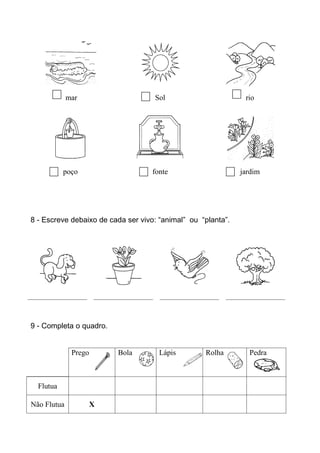 mar                    Sol                        rio




           poço                     fonte                     jardim




8 - Escreve debaixo de cada ser vivo: “animal” ou “planta”.




9 - Completa o quadro.


              Prego       Bola        Lápis        Rolha        Pedra



  Flutua

Não Flutua            X
 