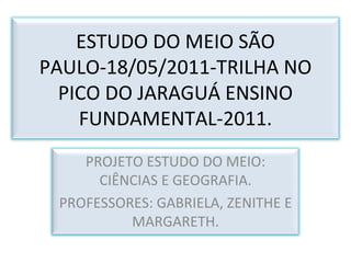 ESTUDO DO MEIO SÃO PAULO-18/05/2011-TRILHA NO PICO DO JARAGUÁ ENSINO FUNDAMENTAL-2011. PROJETO ESTUDO DO MEIO: CIÊNCIAS E GEOGRAFIA. PROFESSORES: GABRIELA, ZENITHE E MARGARETH. 