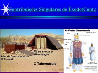 Contribuições Singulares de Êxodo(Cont.)Contribuições Singulares de Êxodo(Cont.)
O TabernáculoO Tabernáculo
Altar de Bronze,local doAltar de Bronze,local do
HolocaustoHolocausto
Pia de Bronze p/Pia de Bronze p/
a Purificaçãoa Purificação
TabernáculoTabernáculo
 