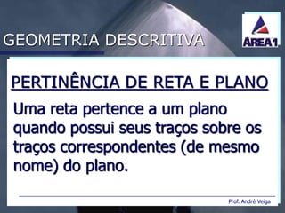 GEOMETRIA DESCRITIVA

PERTINÊNCIA DE RETA E PLANO
 Uma reta pertence a um plano
 quando possui seus traços sobre os
 traços correspondentes (de mesmo
 nome) do plano.

                              Prof. André Veiga
 