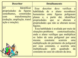 Descritor                         Detalhamento
D7       –       Identificar     Esse descritor deve verificar a
propriedades de figuras        habilidade de o aluno reconhecer
semelhantes, construídas       homotetias entre figuras poligonais
com         transformações     planas e, a partir daí, identificar
(redução, ampliação, transl    propriedades que se alteram e
ação e rotação).               propriedades que não se alteram nessas
                               figuras.
                                 Essa habilidade é avaliada por meio de
                               situações-problema     contextualizadas,
                               onde o aluno verifique que multiplicar
                               os lados de uma poligonal por uma
                               mesma      constante     acarreta   uma
                               multiplicação do perímetro da poligonal
                               por essa constante, e acarreta uma
                               multiplicação pelo quadrado da
                               constante no caso do cálculo da área.
 