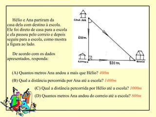 Hélio e Ana partiram da
casa dela com destino à escola.
Ele foi direto de casa para a escola
e ela passou pelo correio e depois
seguiu para a escola, como mostra
a figura ao lado.

   De acordo com os dados
apresentados, responda:


  (A) Quantos metros Ana andou a mais que Hélio? 400m
  (B) Qual a distância percorrida por Ana até a escola? 1400m
                (C) Qual a distância percorrida por Hélio até a escola? 1000m
                (D) Quantos metros Ana andou do correio até a escola? 800m
 