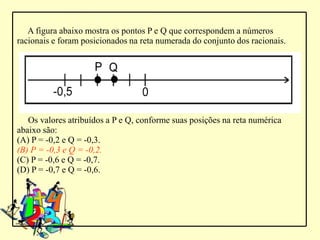 A figura abaixo mostra os pontos P e Q que correspondem a números
racionais e foram posicionados na reta numerada do conjunto dos racionais.




   Os valores atribuídos a P e Q, conforme suas posições na reta numérica
abaixo são:
(A) P = -0,2 e Q = -0,3.
(B) P = -0,3 e Q = -0,2.
(C) P = -0,6 e Q = -0,7.
(D) P = -0,7 e Q = -0,6.
 