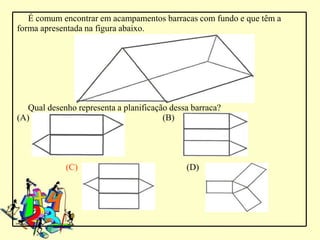 É comum encontrar em acampamentos barracas com fundo e que têm a
forma apresentada na figura abaixo.




   Qual desenho representa a planificação dessa barraca?
(A)                                     (B)




             (C)                              (D)
 