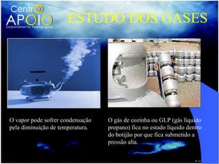 ESTUDO DOS GASES




O vapor pode sofrer condensação   O gás de cozinha ou GLP (gás líquido
pela diminuição de temperatura.   propano) fica no estado líquido dentro
                                  do botijão por que fica submetido a
                                  pressão alta.
 