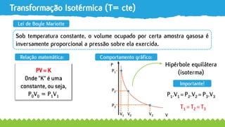 Transformação Isotérmica (T= cte)
Sob temperatura constante, o volume ocupado por certa amostra gasosa é
inversamente proporcional a pressão sobre ela exercida.
Lei de Boyle Mariotte
PV = K
Onde “K” é uma
constante, ou seja,
P0V0 = P1V1
Relação matemática: Comportamento gráfico:
p Hipérbole equilátera
(isoterma)P1
V1
P2
V2
P3
V3
P
V
P1.V1 = P2.V2 = P3.V3
T1 = T2 = T3
Importante!
 