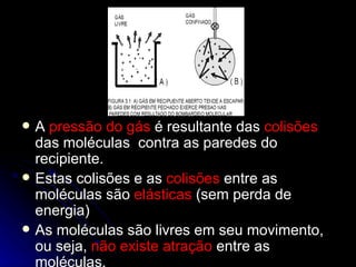 A  pressão do gás  é resultante das  colisões  das moléculas  contra as paredes do recipiente. Estas colisões e as  colisões  entre as moléculas são  elásticas  (sem perda de energia) As moléculas são livres em seu movimento, ou seja,  não existe atração  entre as moléculas. 