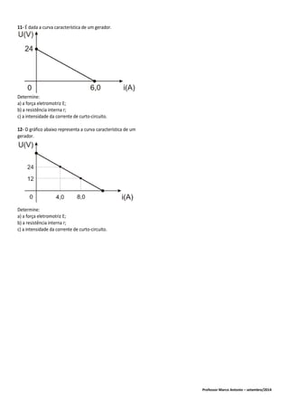 Professor Marco Antonio – setembro/2014
11- É dada a curva característica de um gerador.
Determine:
a) a força eletromotriz E;
b) a resistência interna r;
c) a intensidade da corrente de curto-circuito.
12- O gráfico abaixo representa a curva característica de um
gerador.
Determine:
a) a força eletromotriz E;
b) a resistência interna r;
c) a intensidade da corrente de curto-circuito.
 