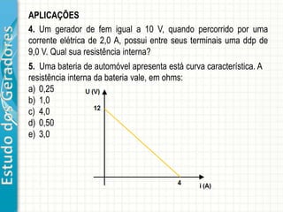 EstudodosGeradores APLICAÇÕES
1. Um gerador apresenta uma curva característica, conforme
representado abaixo. Calcule a força eletromotriz e a resistência
interna do gerador.
a) 100 V; 10 Ω
b) 50 V; 5 Ω
c) 200 V; 20 Ω
d) 100 V; 5 Ω
e)200 V; 10 Ω
2. Um gerador elétrico tem força eletromotriz igual a 1,5 V e
resistência interna igual a 0,10 Ω. Entre seus terminais liga-se um
condutor cuja resistência é igual a 0,65 Ω. Nessas condições, qual é
a diferença de potencial entre os terminais do gerador?
 