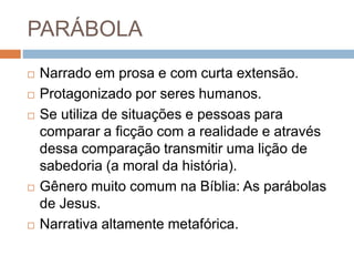 PARÁBOLA
 Narrado em prosa e com curta extensão.
 Protagonizado por seres humanos.
 Se utiliza de situações e pessoas para
comparar a ficção com a realidade e através
dessa comparação transmitir uma lição de
sabedoria (a moral da história).
 Gênero muito comum na Bíblia: As parábolas
de Jesus.
 Narrativa altamente metafórica.
 