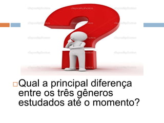 Qual a principal diferença
entre os três gêneros
estudados até o momento?
 