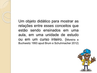Um objeto didático para mostrar as
relações entre esses conceitos que
estão sendo ensinados em uma
aula, em uma unidade de estudo
ou em um curso inteiro. (Moreira e
Buchweitz 1993 apud Brum e Schuhmacher 2012)
 