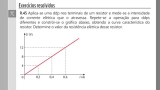 R.45 Aplica-se uma ddp nos terminais de um resistor e mede-se a intensidade
de corrente elétrica que o atravessa. Repete-se a operação para ddps
diferentes e constrói-se o gráfico abaixo, obtendo a curva característica do
resistor. Determine o valor da resistência elétrica desse resistor.
 