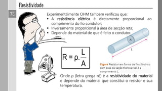 Experimentalmente OHM também verificou que:
 A resistência elétrica é diretamente proporcional ao
comprimento do fio condutor;
 Inversamente proporcional à área de secção reta;
 Depende do material de que é feito o condutor.
Onde ρ (letra grega rô) é a resistividade do material
e depende do material que constitui o resistor e sua
temperatura.
 