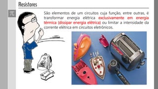 São elementos de um circuitos cuja função, entre outras, é
transformar energia elétrica exclusivamente em energia
térmica (dissipar energia elétrica) ou limitar a intensidade da
corrente elétrica em circuitos eletrônicos.
 