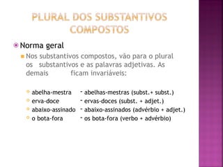 ⦿ Norma geral
◾ Nos substantivos compostos, vão para o plural
os substantivos e as palavras adjetivas. As
demais ficam invariáveis:
 abelha-mestra
 erva-doce
 abaixo-assinado
 o bota-fora
- abelhas-mestras (subst.+ subst.)
- ervas-doces (subst. + adjet.)
- abaixo-assinados (advérbio + adjet.)
- os bota-fora (verbo + advérbio)
 