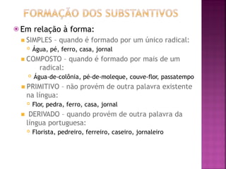 ⦿ Em relação à forma:
◾ SIMPLES – quando é formado por um único radical:
 Água, pé, ferro, casa, jornal
◾ COMPOSTO – quando é formado por mais de um
radical:
 Água-de-colônia, pé-de-moleque, couve-flor, passatempo
◾ PRIMITIVO – não provém de outra palavra existente
na língua:
 Flor, pedra, ferro, casa, jornal
◾ DERIVADO – quando provém de outra palavra da
língua portuguesa:
 Florista, pedreiro, ferreiro, caseiro, jornaleiro
 