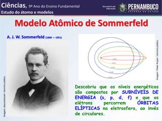 A. J. W. Sommerfeld (1868 — 1951)
Modelo Atômico de Sommerfeld
Descobriu que os níveis energéticos
são compostos por SUBNÍVEIS DE
ENERGIA (s, p, d, f) e que os
elétrons percorrem ÓRBITAS
ELÍPTICAS na eletrosfera, ao invés
de circulares.
Imagem:
desconhecido
/
domínio
público.
Imagem:
Pieter
Kuiper
/
domínio
público.
Ciências, 9º Ano do Ensino Fundamental
Estudo do átomo e modelos
 