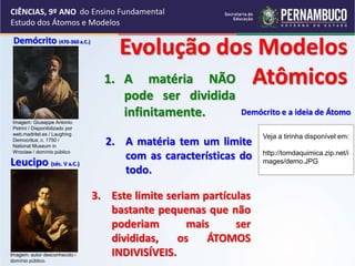 CIÊNCIAS, 9º ANO
Estudo dos Átomos e Modelos
Demócrito (470-360 a.C.)
Leucipo (séc. V a.C.)
3. Este limite seriam partículas
bastante pequenas que não
poderiam mais ser
divididas, os ÁTOMOS
INDIVISÍVEIS.
Evolução dos Modelos
Atômicos
1. A matéria NÃO
pode ser dividida
infinitamente.
2. A matéria tem um limite
com as características do
todo.
Demócrito e a ideia de Átomo
Imagem: Giuseppe Antonio
Petrini / Disponibilizado por
web.madritel.es / Laughing
Democritus, c. 1750 /
National Museum in
Wroclaw / domínio público
Imagem: autor desconhecido /
domínio público.
Veja a tirinha disponível em:
http://tomdaquimica.zip.net/i
mages/demo.JPG
do Ensino Fundamental
 