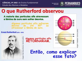 CIÊNCIAS, 9º ANO
Estudo dos Átomos e Modelos
Ernest Rutherford (1871 - 1937)
A maioria das partículas alfa atravessam
a lâmina de ouro sem sofrer desvios.
Algumas partículas alfa sofreram
desvios de até 90º ao
atravessar a lâmina de ouro.
Algumas partículas alfa
RETORNARAM.
O que Rutherford observou
Então, como explicar
esse fato?
Imagem:
Bain
News
Service
/
domínio
público.
Imagem:
Fastfission
/
domínio
público.
do Ensino Fundamental
 
