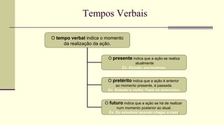 O tempo verbal indica o momento
da realização da ação.
O presente indica que a ação se realiza
atualmente
Ex. Estudo; escrevemos.
O pretérito indica que a ação é anterior
ao momento presente, é passada.
Ex. Estudei o verbo; Fazia os exercícios.
O futuro indica que a ação se há de realizar
num momento posterior ao atual.
Ex. Eu estudarei quando chegar a casa.
 