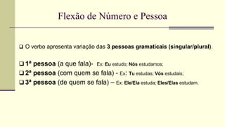 Flexão de Número e Pessoa
 O verbo apresenta variação das 3 pessoas gramaticais (singular/plural).
 1ª pessoa (a que fala)- Ex: Eu estudo; Nós estudamos;
 2ª pessoa (com quem se fala) - Ex: Tu estudas; Vós estudais;
 3ª pessoa (de quem se fala) – Ex: Ele/Ela estuda; Eles/Elas estudam.
 